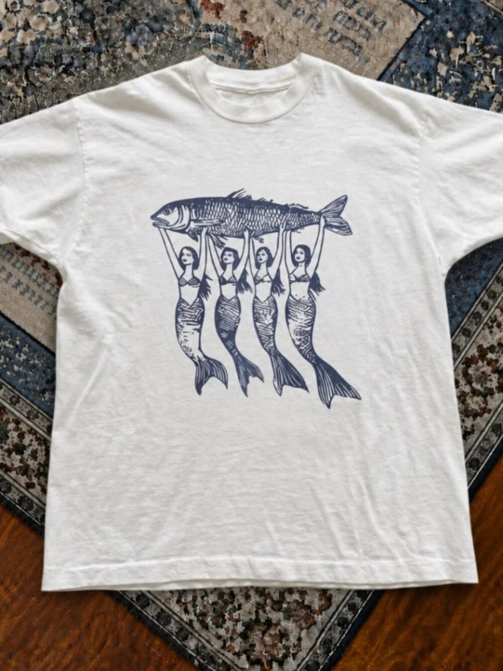 Mermaids Holding Fish Linocut White Cottagecore Graphic T-Shirt Reprint - Picture 1 of 2